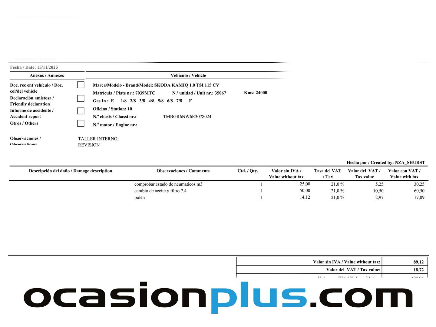 Foto del mantenimiento del Skoda Kamiq Skoda Kamiq 1.0 TSI Design DSG (115 CV)