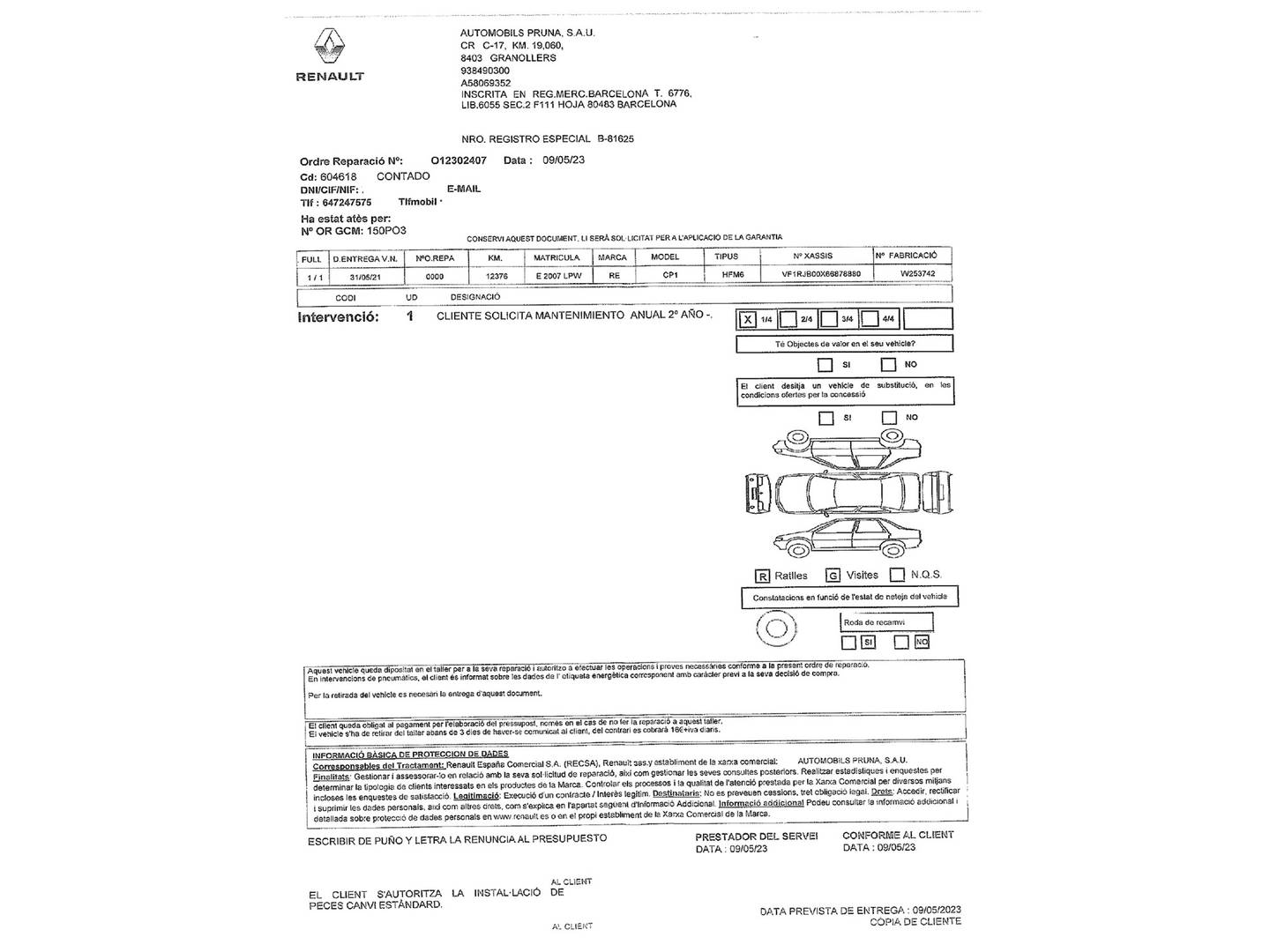 Foto del mantenimiento del Renault Captur Renault Captur Intens TCe (90 CV)