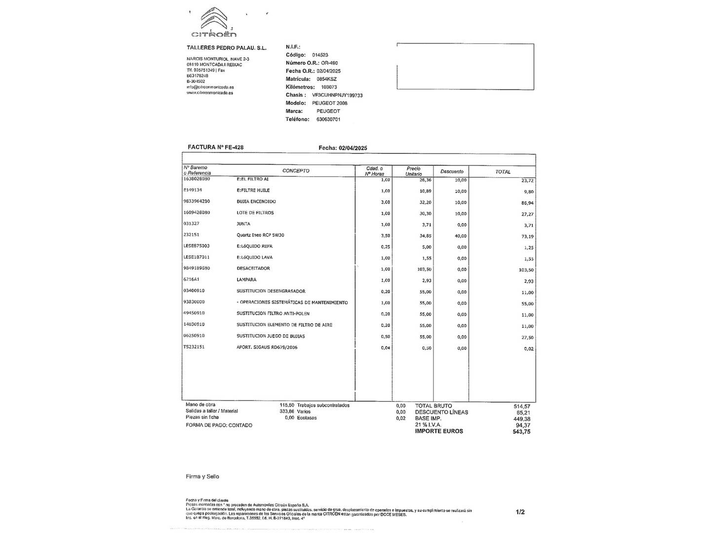 Foto del mantenimiento del Peugeot 2008 Peugeot 2008 PureTech 110 S&S GT Line EAT6 (110 CV)
