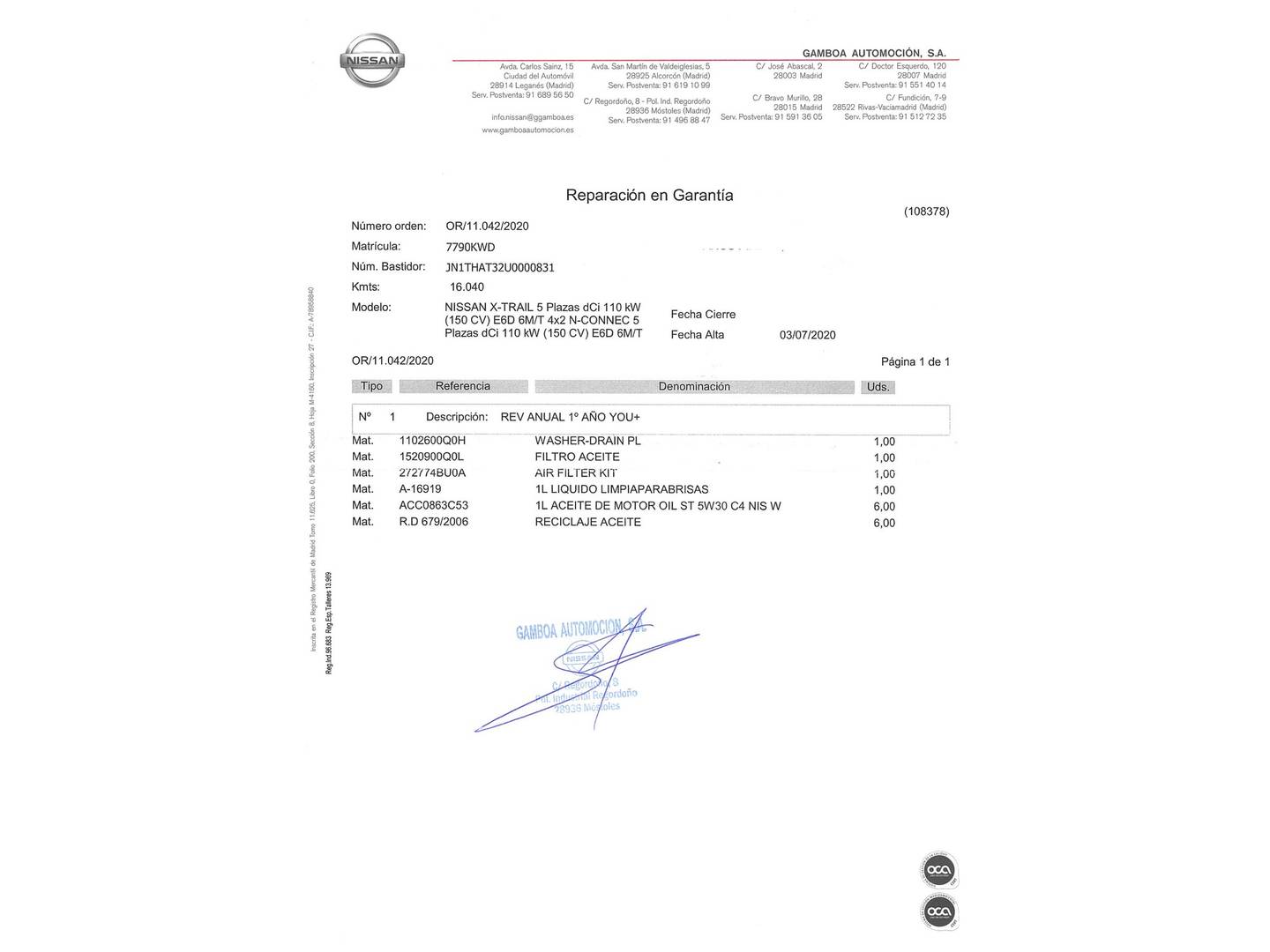 Foto del mantenimiento del Nissan X-TRAIL Nissan X-Trail Visia dCi (150 CV)
