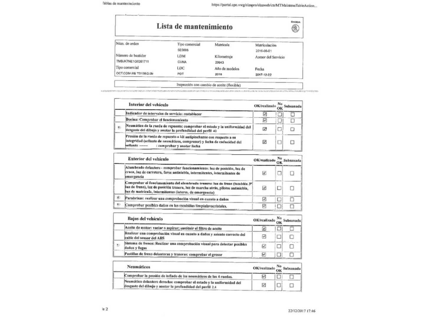 Foto del mantenimiento del Skoda Octavia Skoda Octavia Combi Combi 2.0 TDI RS (184 CV)