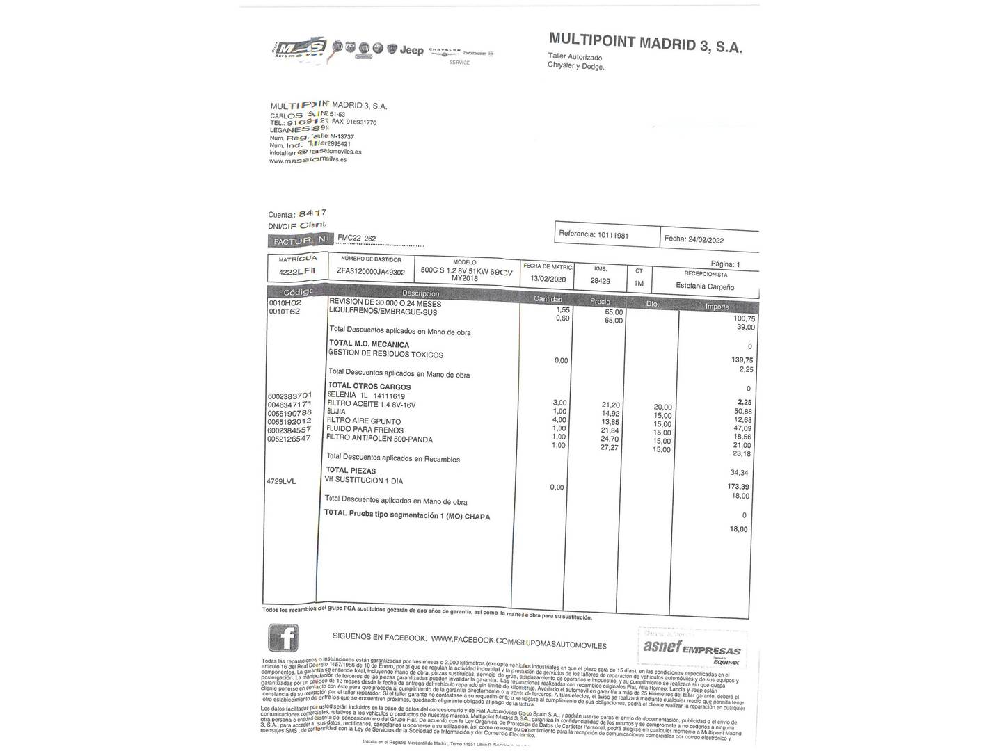 Foto del mantenimiento del Fiat 500C Fiat 500C 1.2 8v Cabrio S (69 CV)