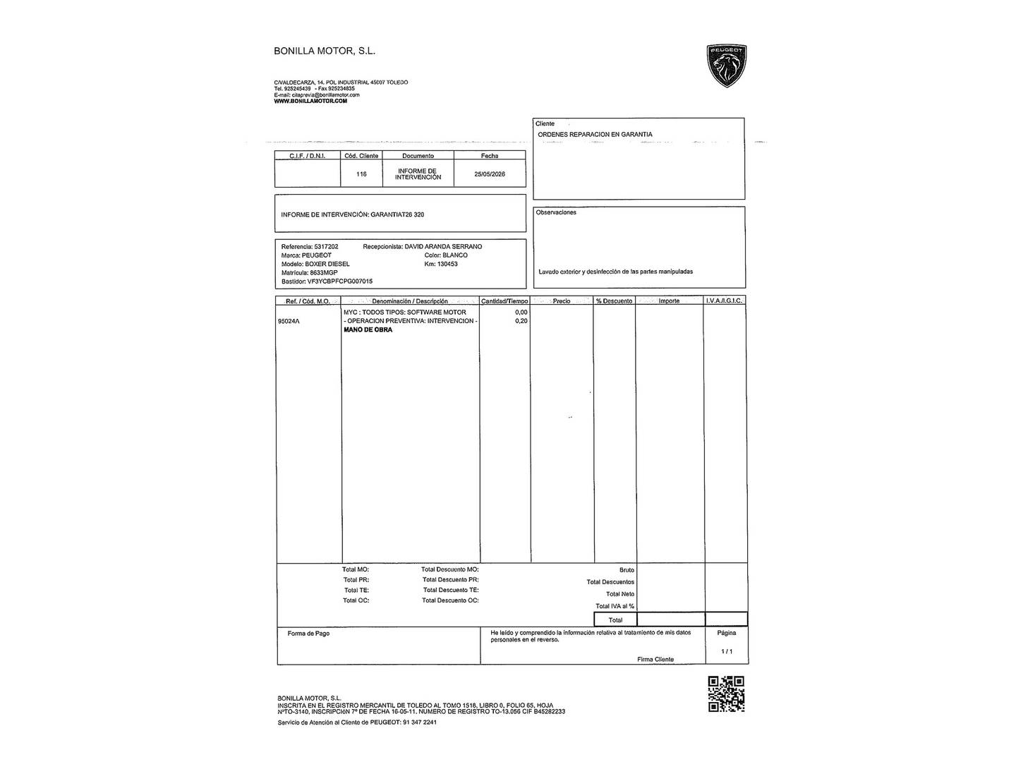 Foto del mantenimiento del Peugeot Boxer Peugeot Boxer Furgon BlueHDi 140 S&S 335 L3H2 (140 CV)