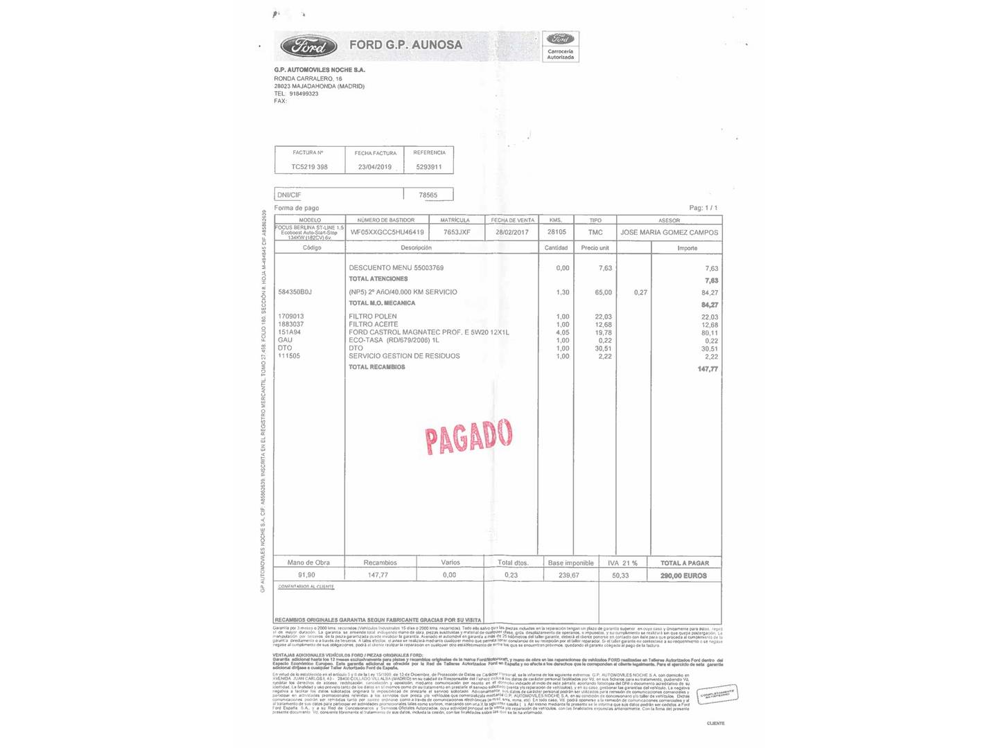 Foto del mantenimiento del Ford Focus Ford Focus 1.5 Ecoboost ST-Line Black&Red (182 CV)