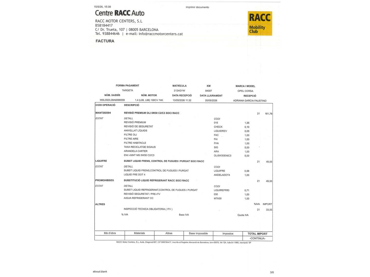 Foto del mantenimiento del Opel Corsa Opel Corsa 1.4 Sport (100 CV)