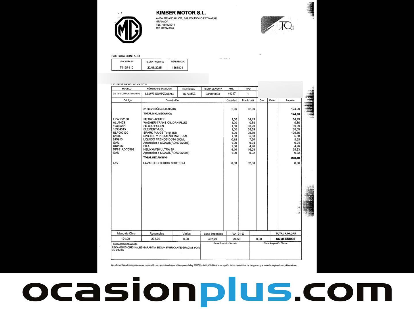 Foto del mantenimiento del MG ZS MG ZS 1.5 Comfort  (106 CV)