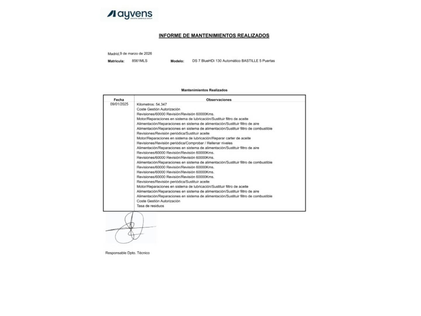 Foto del mantenimiento del DS DS 7 DS DS7 Crossback BlueHDi 130 Bastille Auto (130 CV)