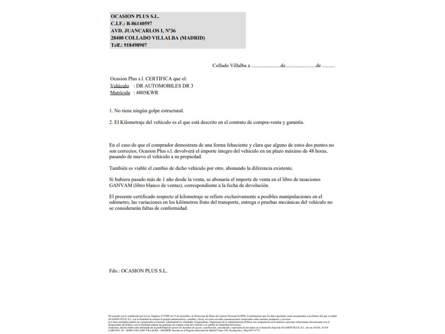 Foto del certificado del DR AUTOMOBILES DR 3 DR AUTOMOBILES DR3 1.5 (106 CV) GLP