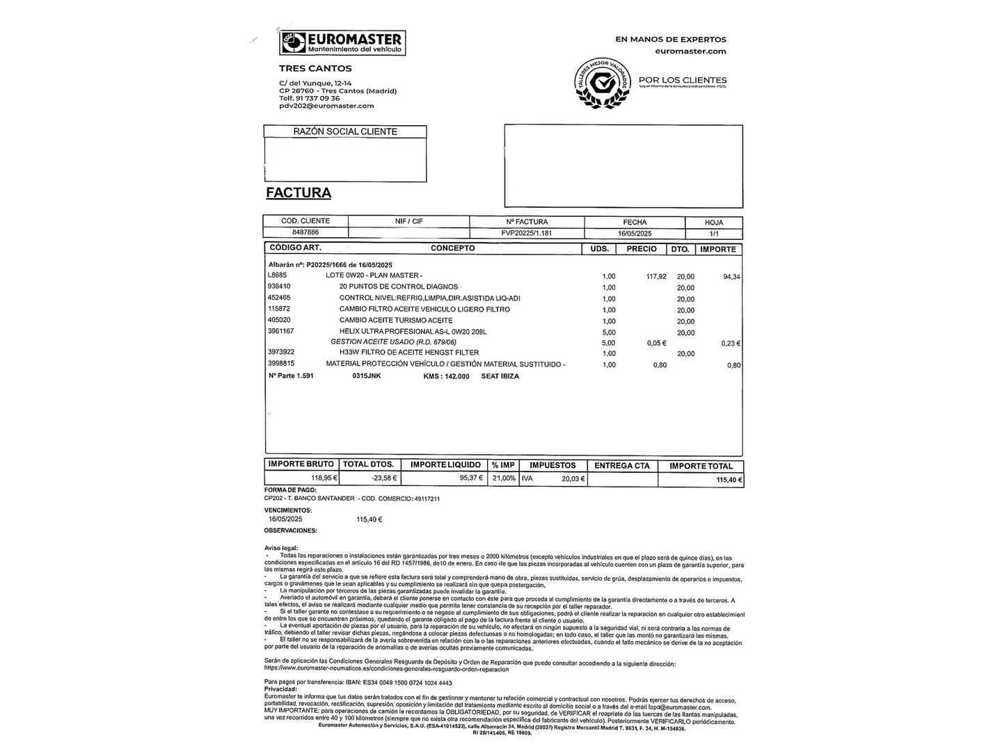 Foto del mantenimiento del Seat Ibiza Seat Ibiza 1.4 TDI Style Connect (90 CV)