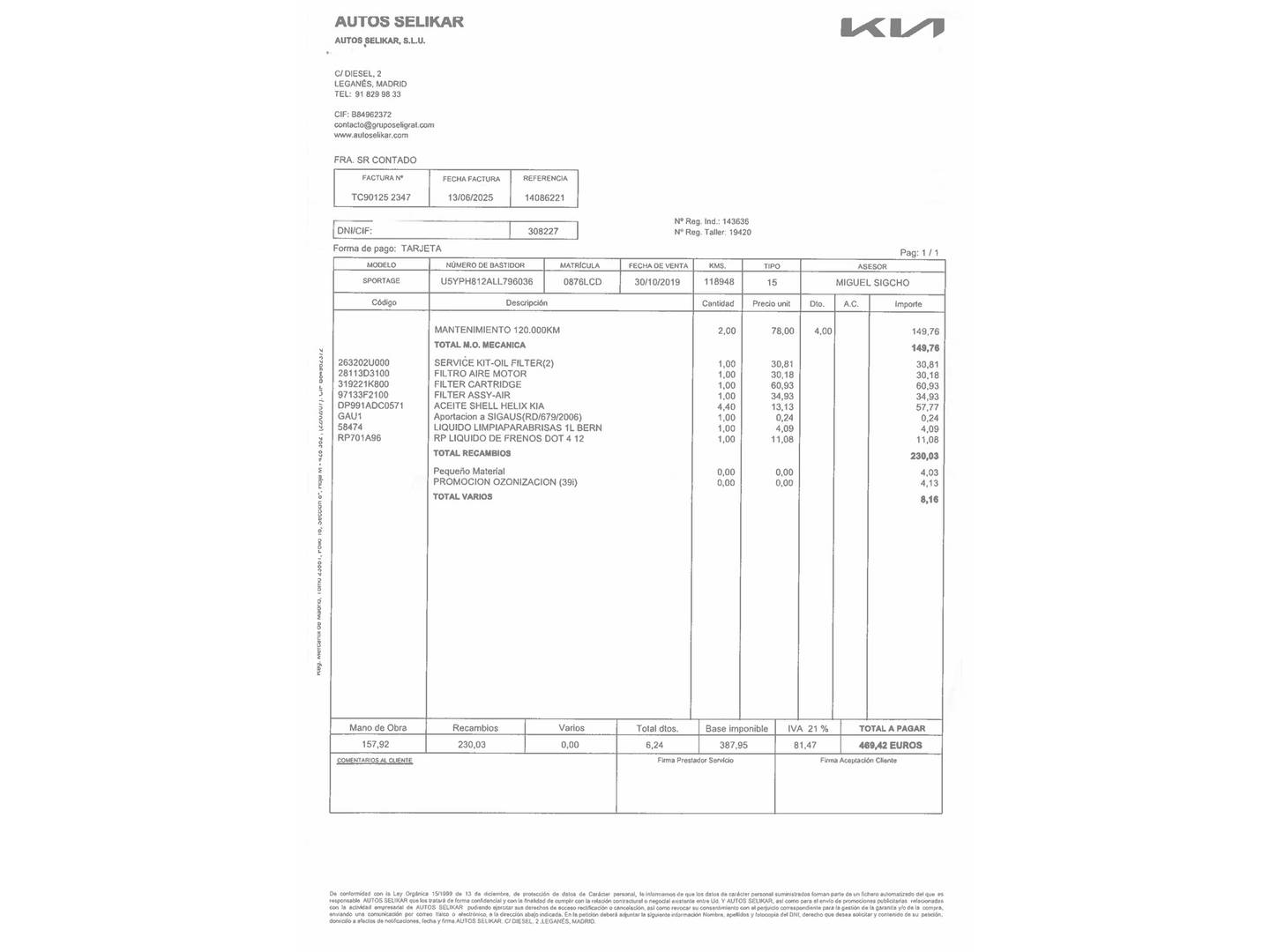 Foto del mantenimiento del KIA Sportage KIA Sportage 1.6 MHEV Drive 4x2 (115 CV)