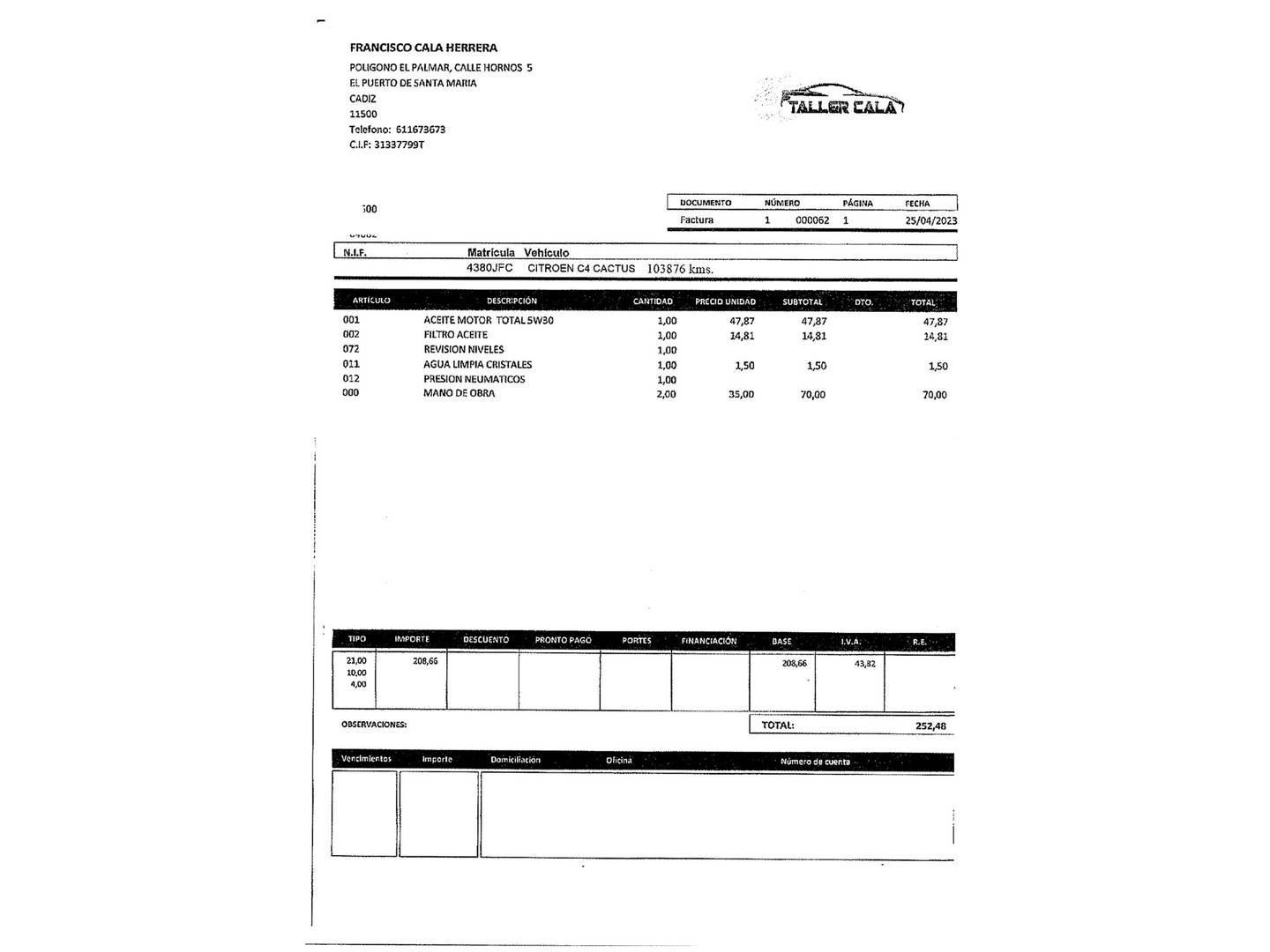 Foto del mantenimiento del Citroën C4 Cactus Citroën C4 Cactus e-HDI 92 Shine ETG6 (92 CV)