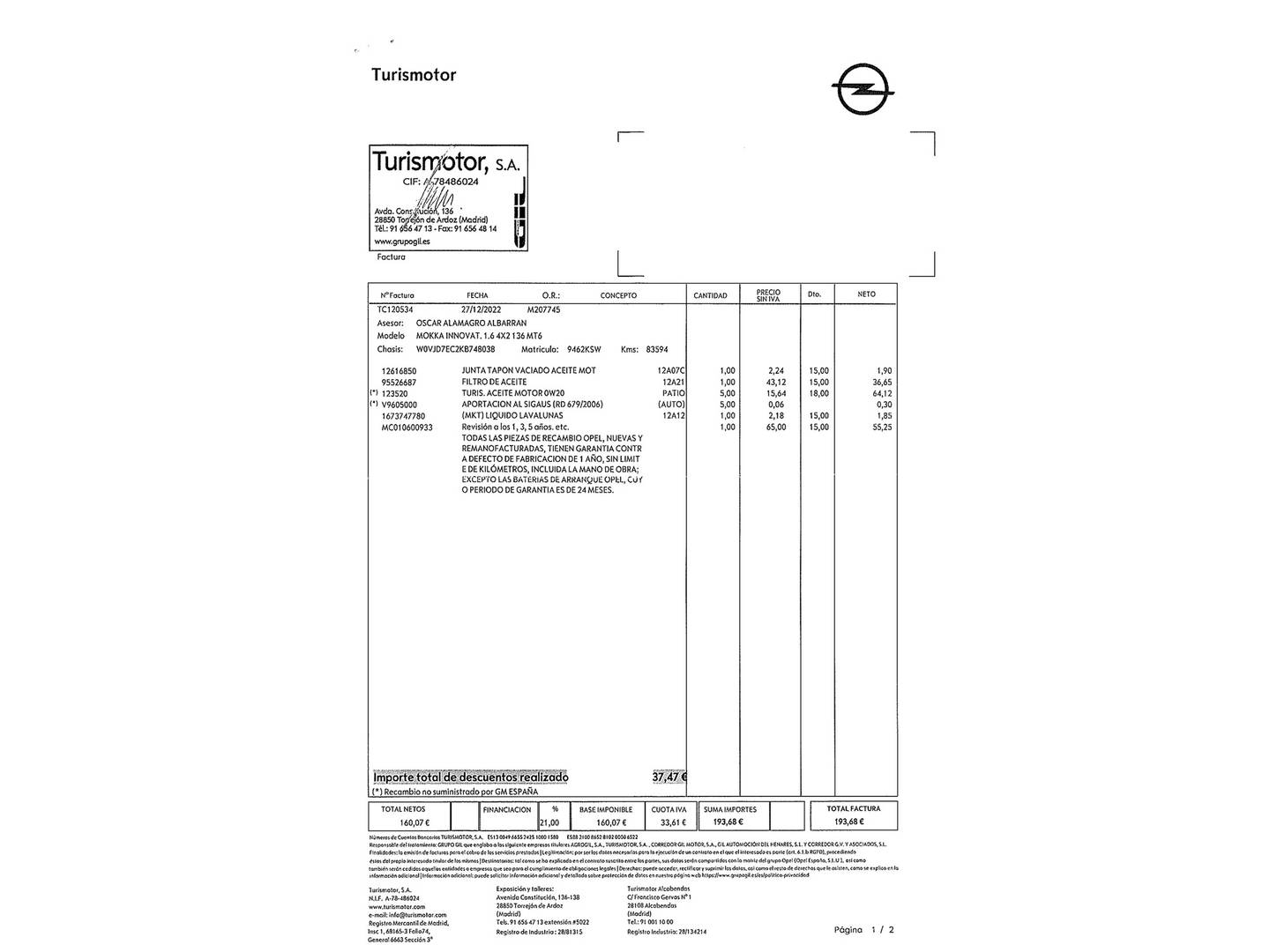 Foto del mantenimiento del Opel Mokka X Opel Mokka X 1.6 CDTi S&S Innovation 4X2 (136 CV)