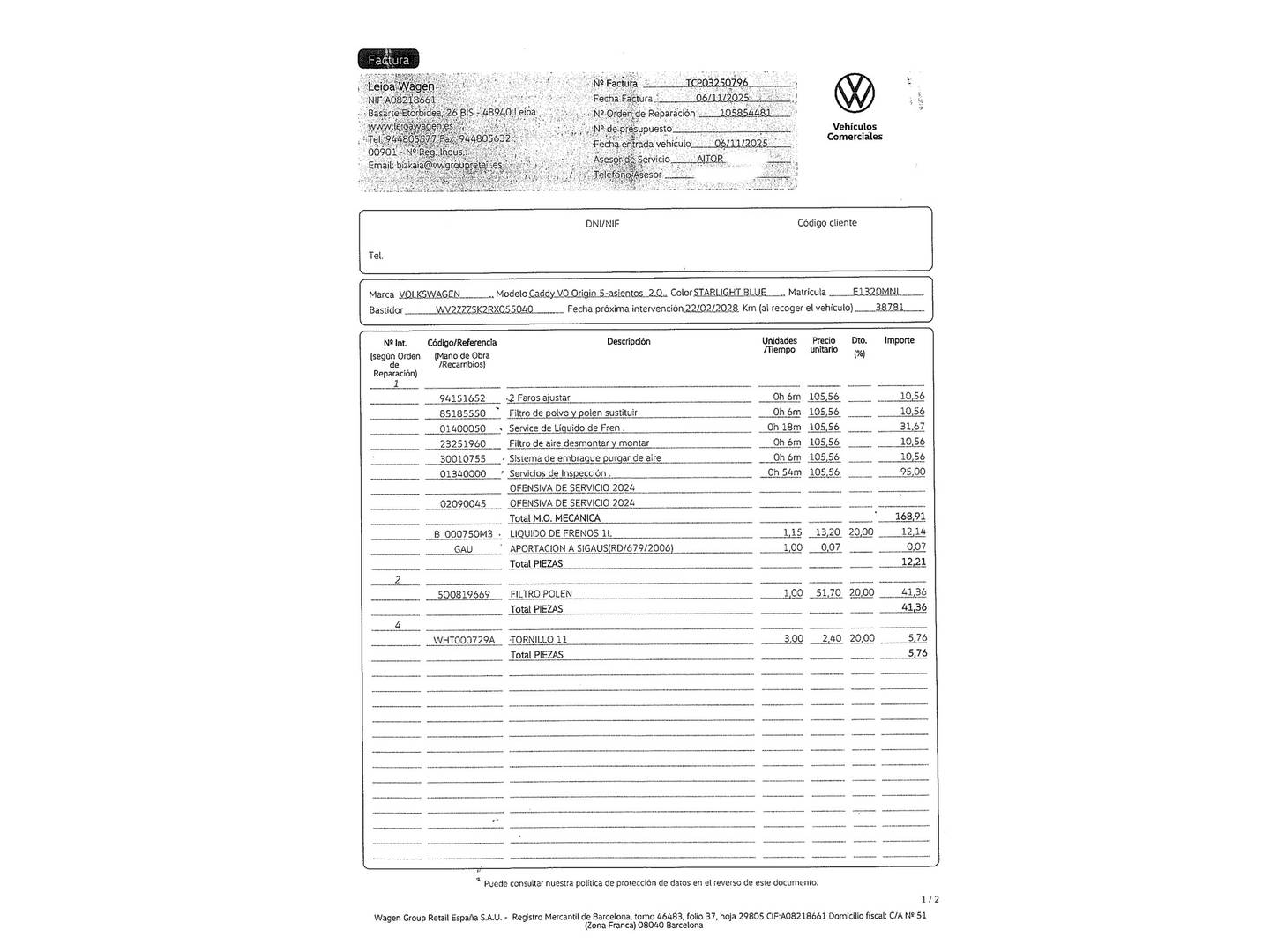 Foto del mantenimiento del Volkswagen Caddy Volkswagen Caddy Maxi Origin 2.0 TDI (102 CV)