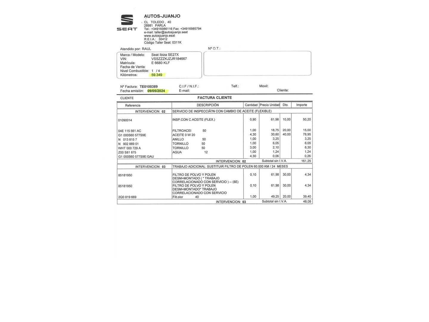 Foto del mantenimiento del Seat Ibiza Seat Ibiza 1.5 TSI FR (150 CV)