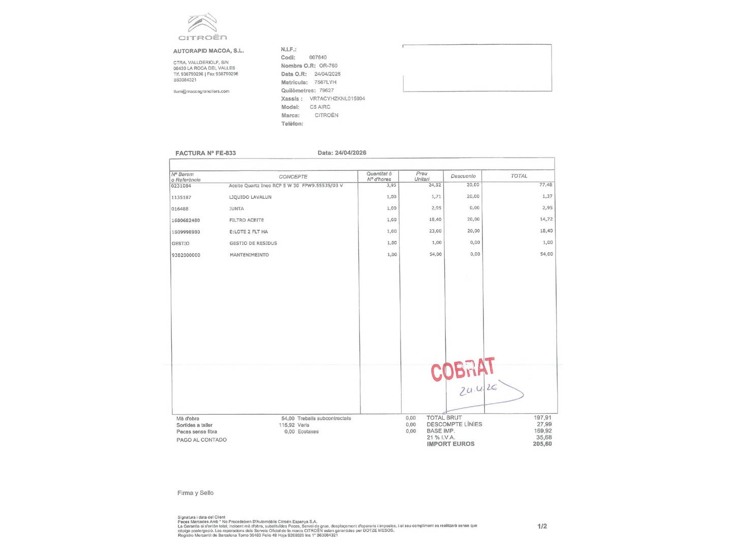 Foto del mantenimiento del Citroën C5 Aircross Citroën C5 Aircross BlueHdi 130 S&S Feel (131 CV)