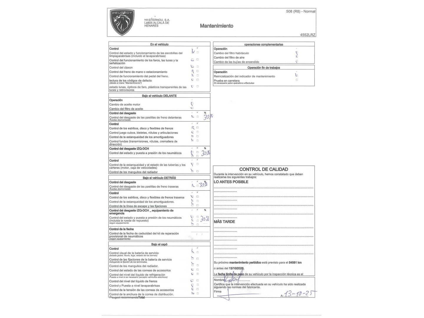 Foto del mantenimiento del Peugeot 508 Peugeot 508 SW PureTech 130 S&S Active Pack EAT8 (131 CV)