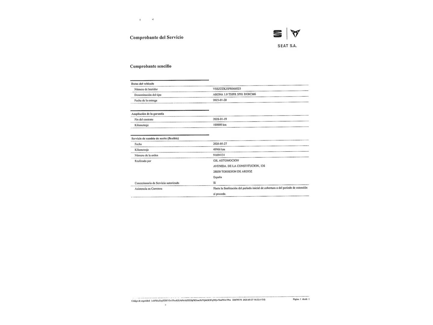 Foto del mantenimiento del Seat Arona Seat Arona 1.0 TSI FR XL RX Edition (110 CV)