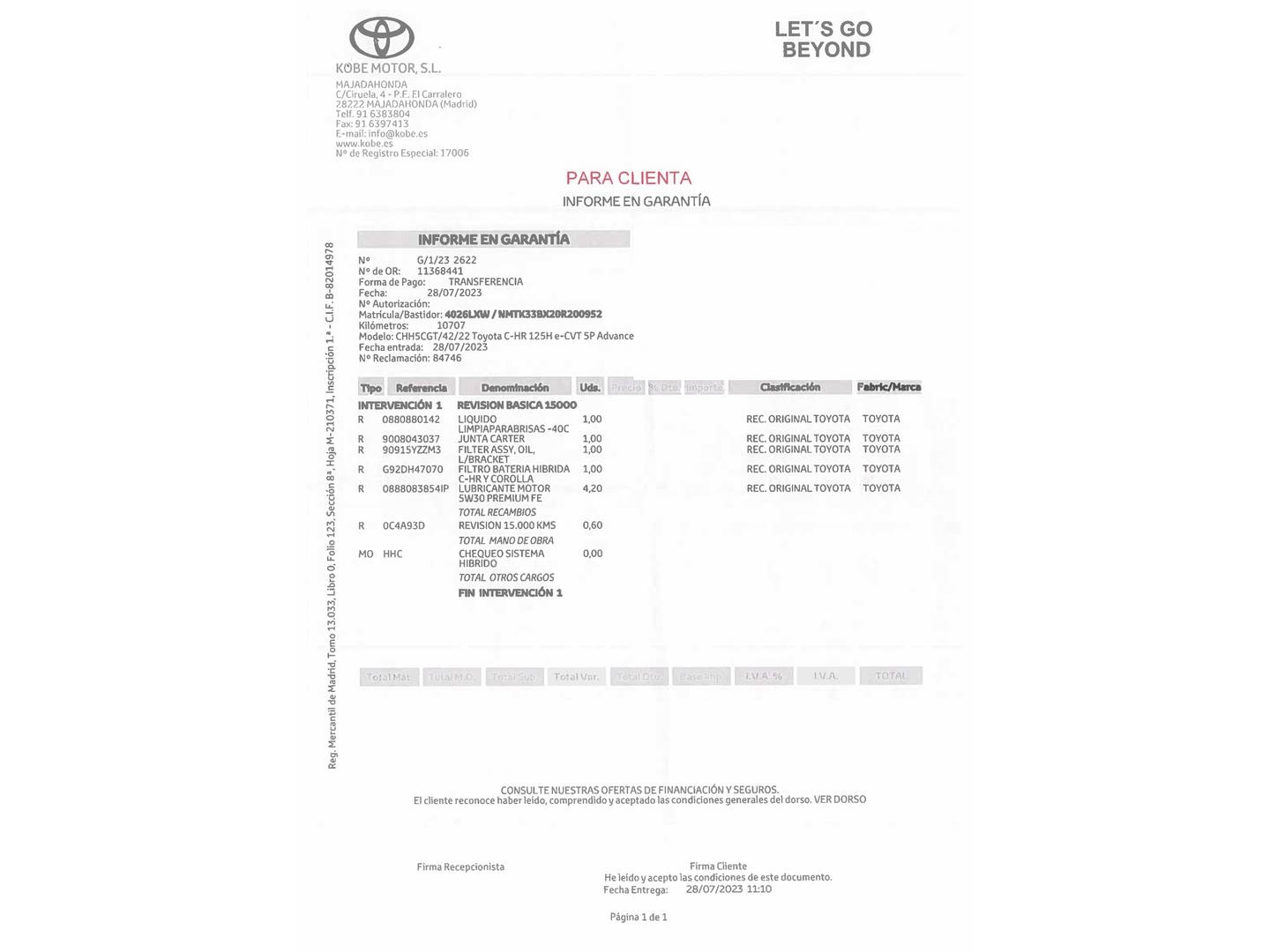 Foto del mantenimiento del Toyota C-HR Toyota C-HR 1.8 125H Advance (122 CV)