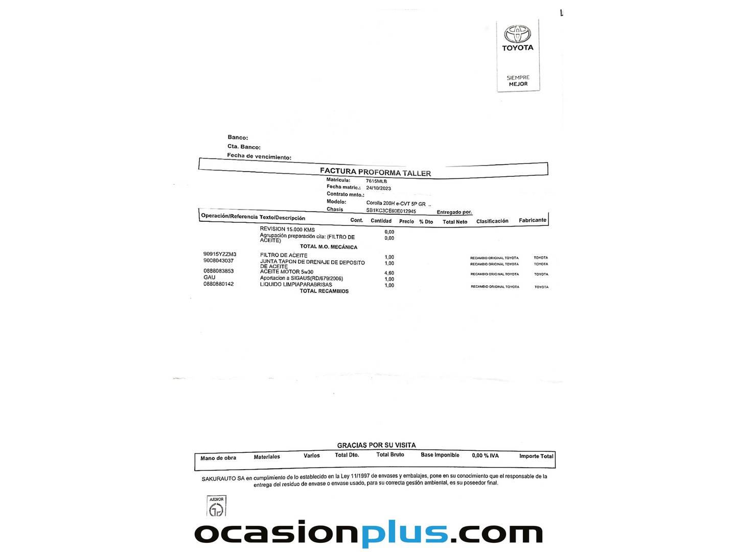 Foto del mantenimiento del Toyota Corolla Toyota Corolla 200H GR-Sport (196 CV)