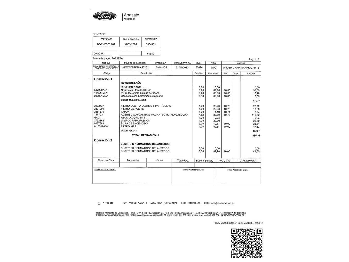 Foto del mantenimiento del Ford Puma Ford Puma 1.0 EcoBoost MHEV Titanium Design (125 CV)