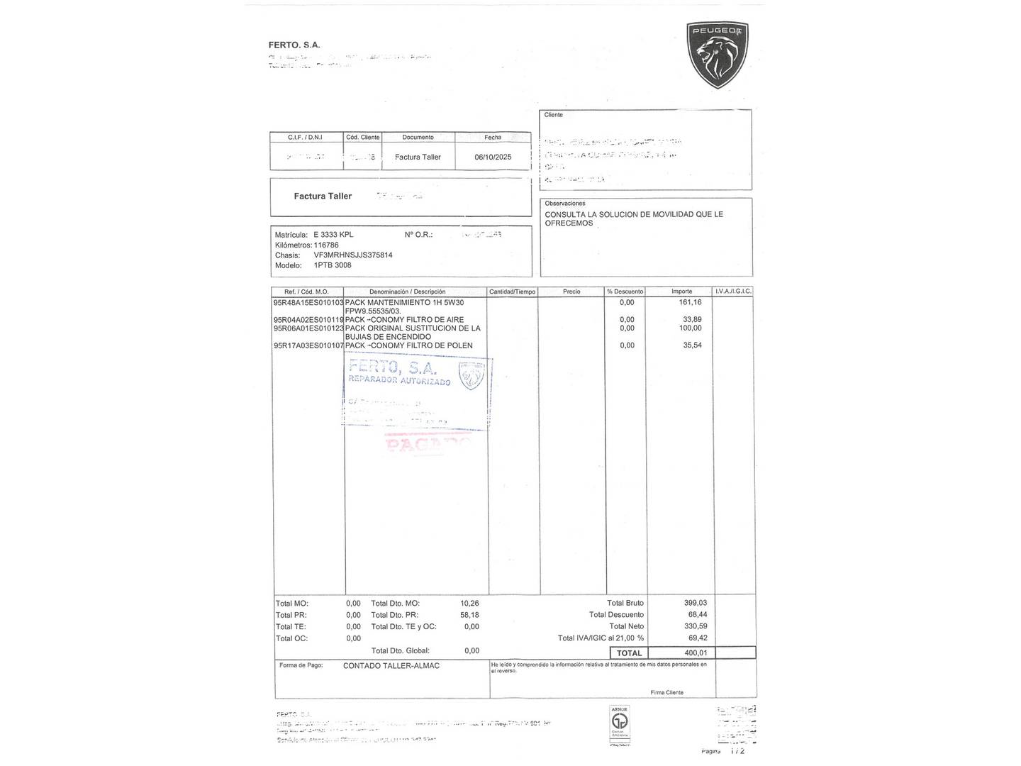 Foto del mantenimiento del Peugeot 3008 Peugeot 3008 PureTech 130 S&S GT Line (130 CV)