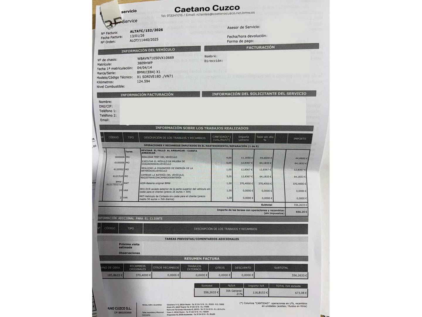 Foto del mantenimiento del BMW X1 BMW X1 sDrive18d (143 CV)