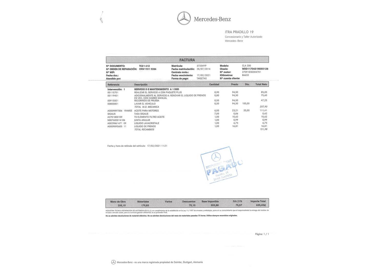 Foto del mantenimiento del Mercedes CLA Mercedes CLA CLA 200 (156 CV)