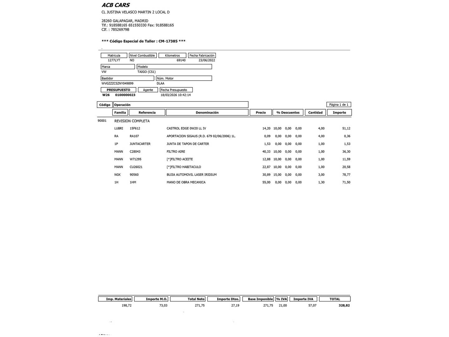 Foto del mantenimiento del Volkswagen Taigo Volkswagen Taigo Life 1.0 TSI (110 CV) DSG