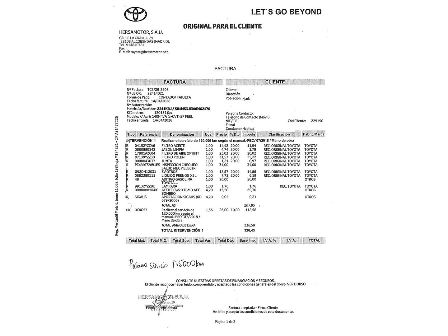 Foto del mantenimiento del Toyota Auris Toyota Auris 140H Hybrid Feel! (136 CV)