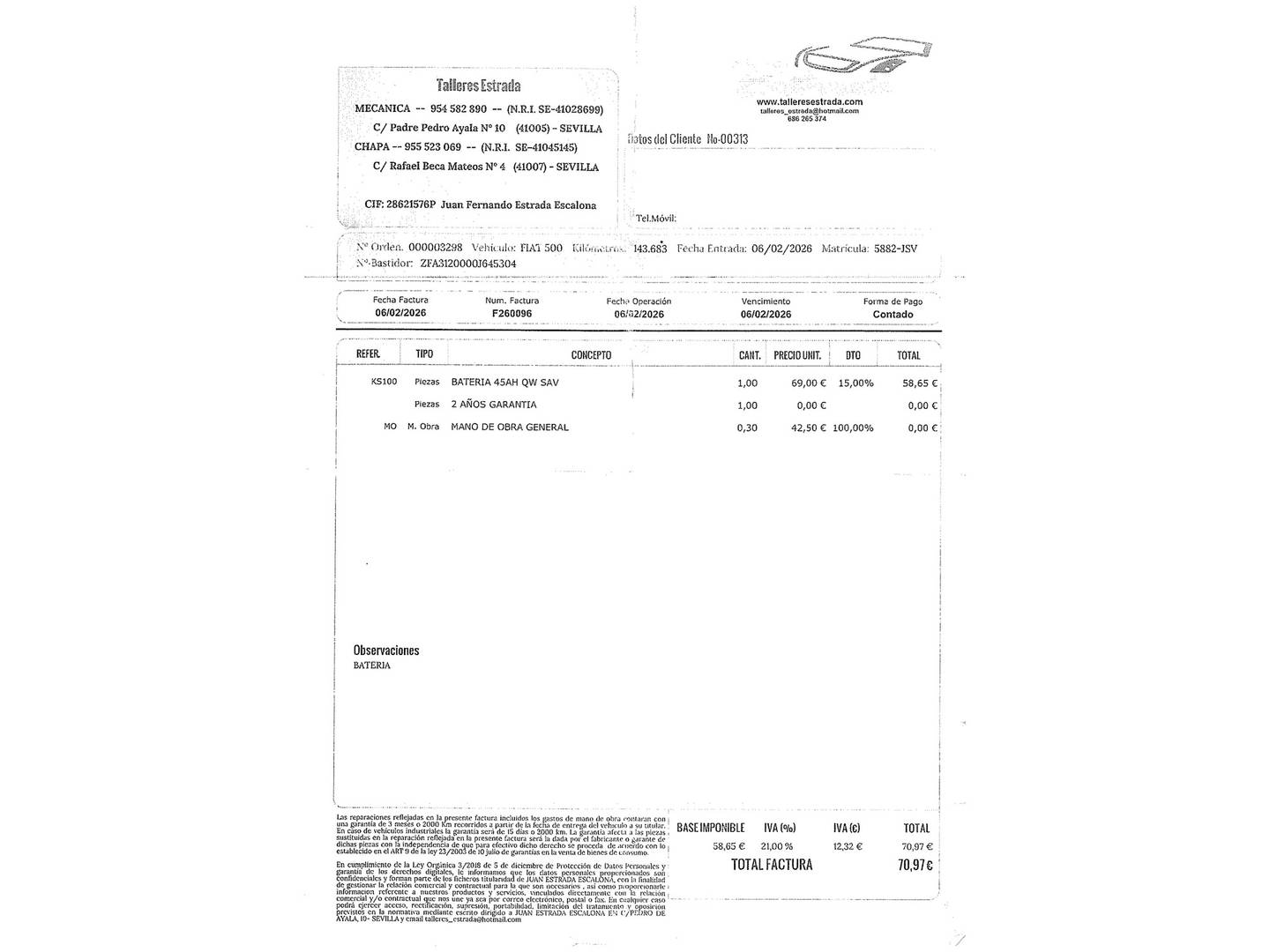 Foto del mantenimiento del Fiat 500 Fiat 500 1.2 8v Lounge (69 CV)