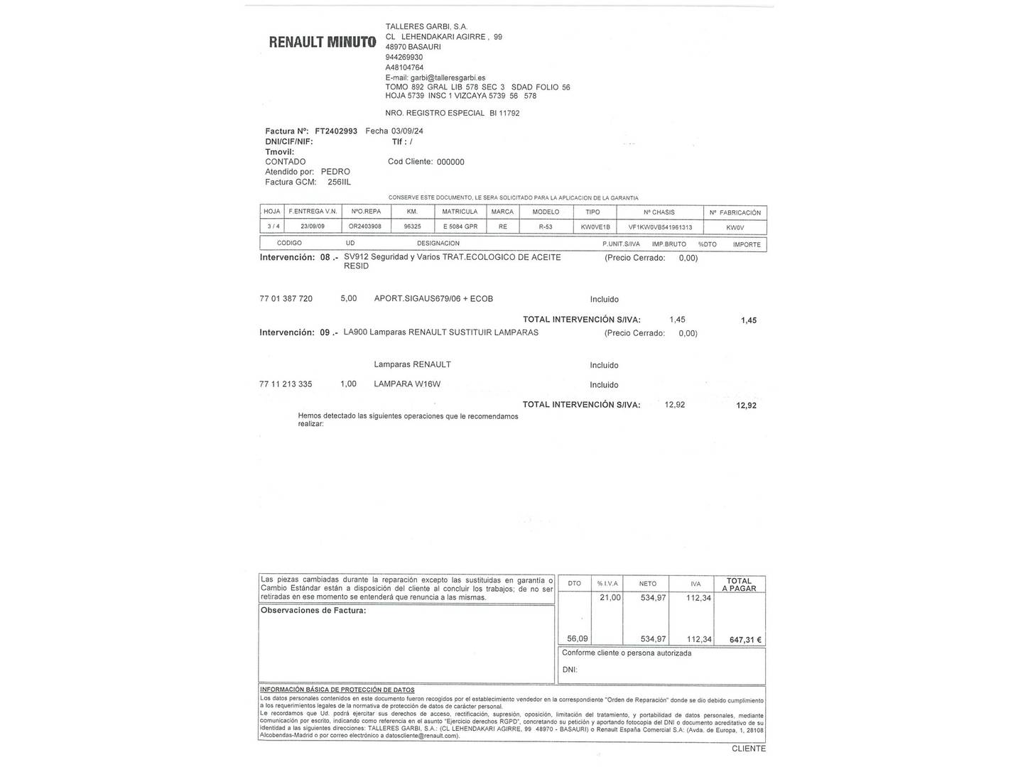 Foto del mantenimiento del Renault Kangoo Combi Renault Kangoo Combi Profesional 1.5 dCi (70 CV)