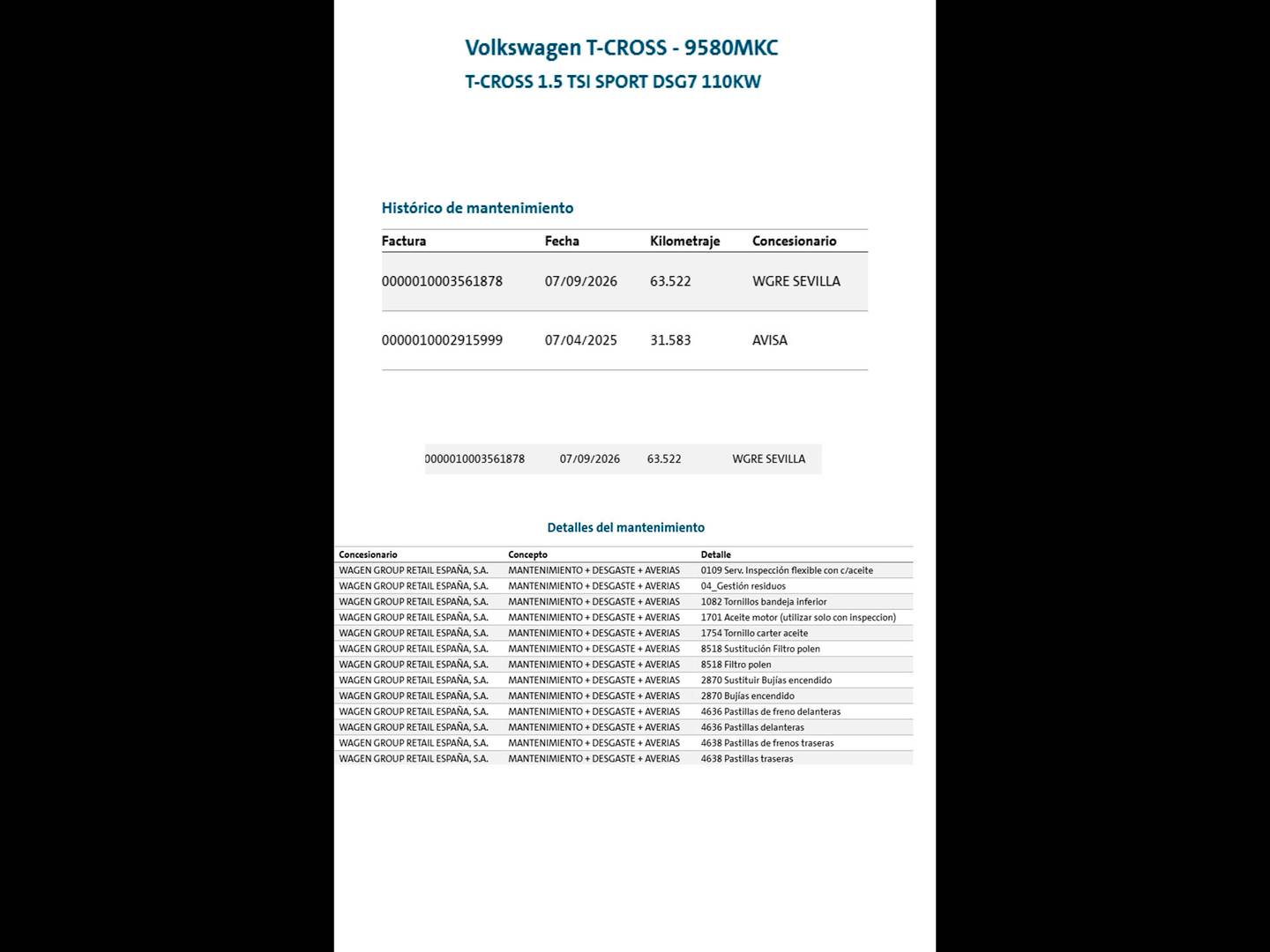 Foto del mantenimiento del Volkswagen T-Cross Volkswagen T-Cross Sport 1.5 TSI (150 CV) DSG