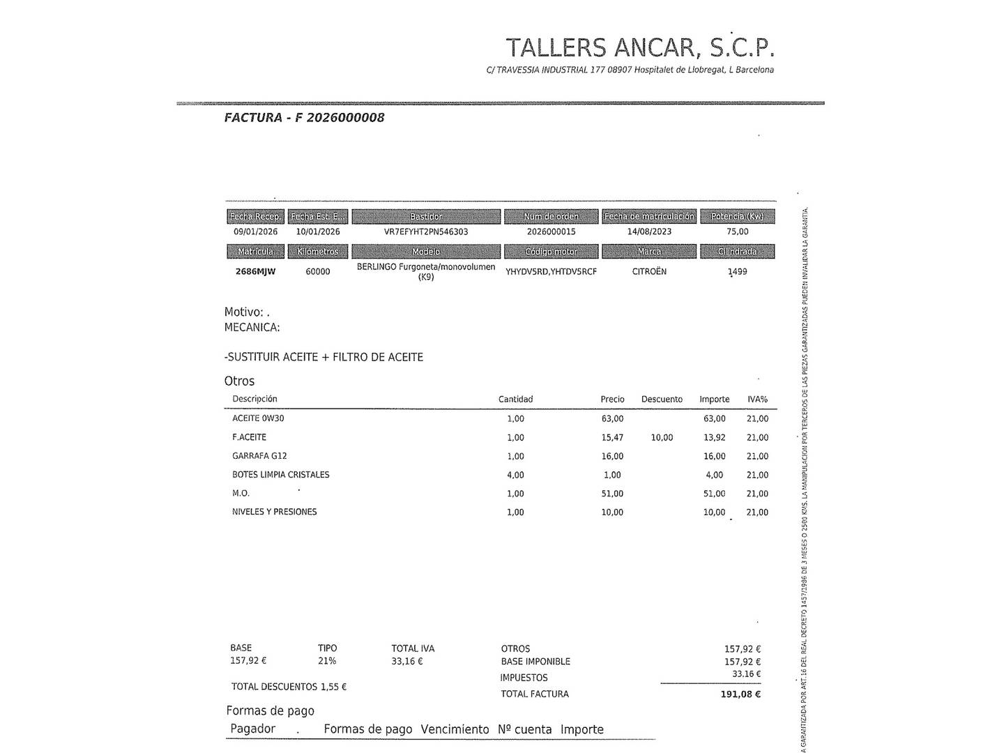 Foto del mantenimiento del Citroën Berlingo Citroën Berlingo BlueHDi 100 Talla M Live Pack (102 CV)