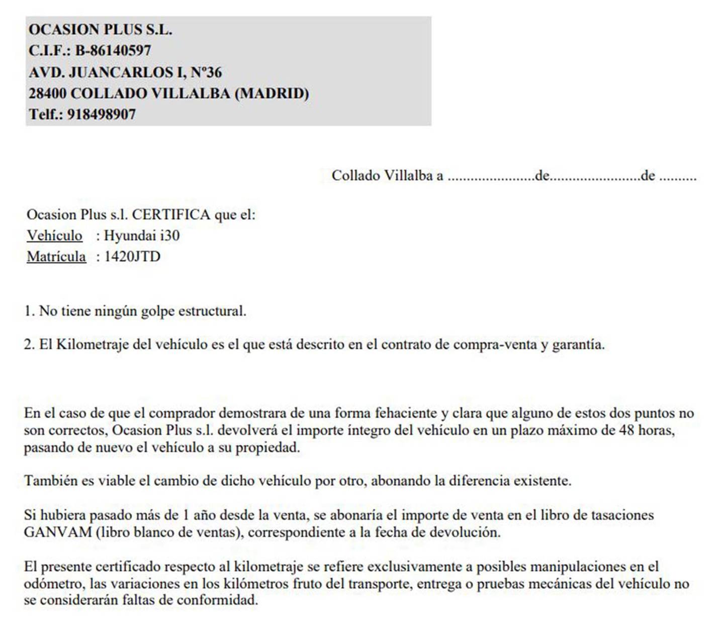 Foto del certificado del Hyundai i30 Hyundai i30 1.4 MPI BlueDrive Go! (100 CV)
