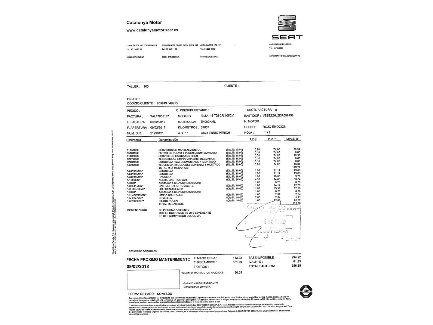 Foto del mantenimiento del Seat Ibiza Seat Ibiza 1.6 TDI CR FR (105 CV)