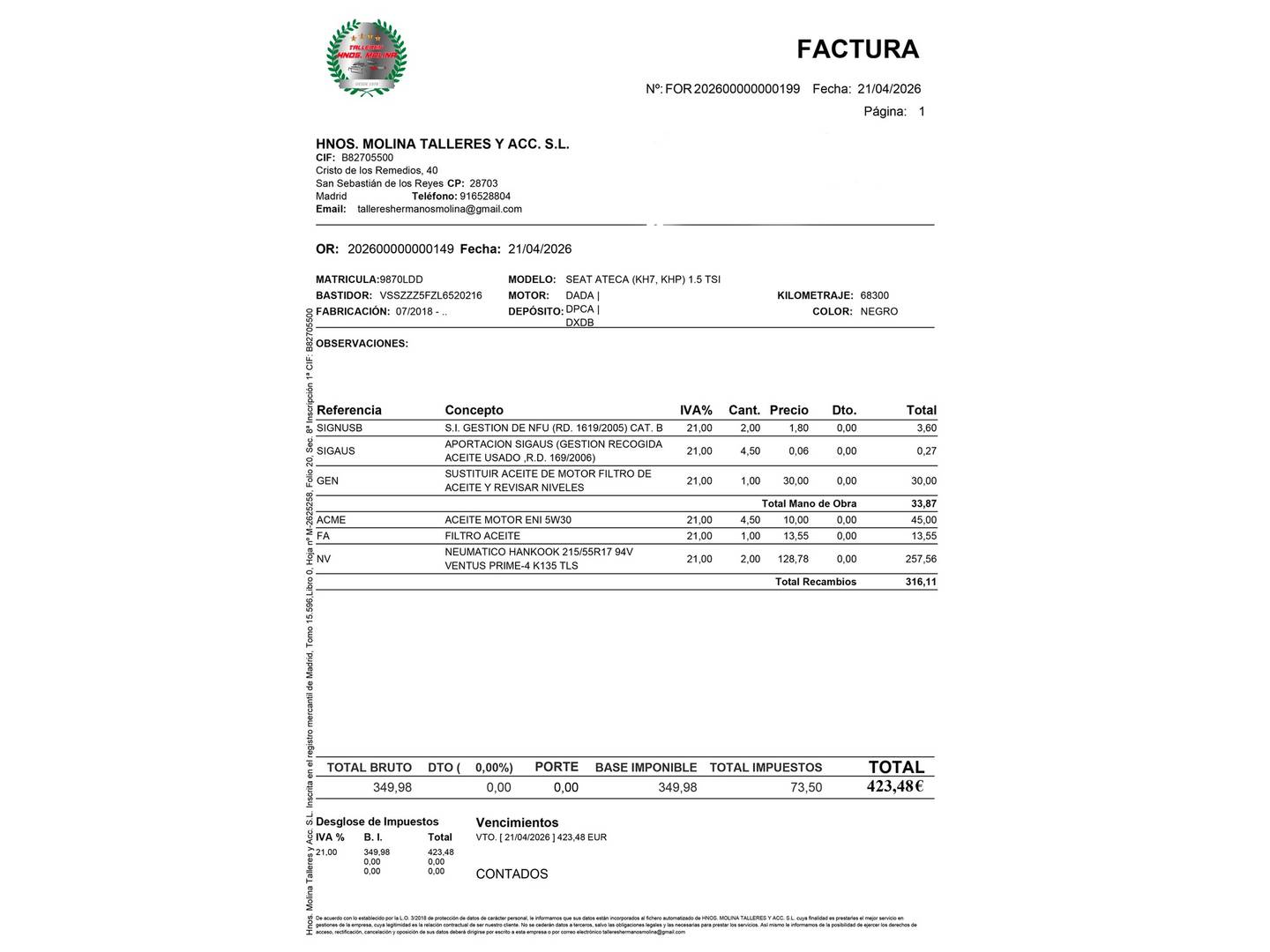 Foto del mantenimiento del Seat Ateca Seat Ateca 1.5 TSI S&S Style (150 CV)