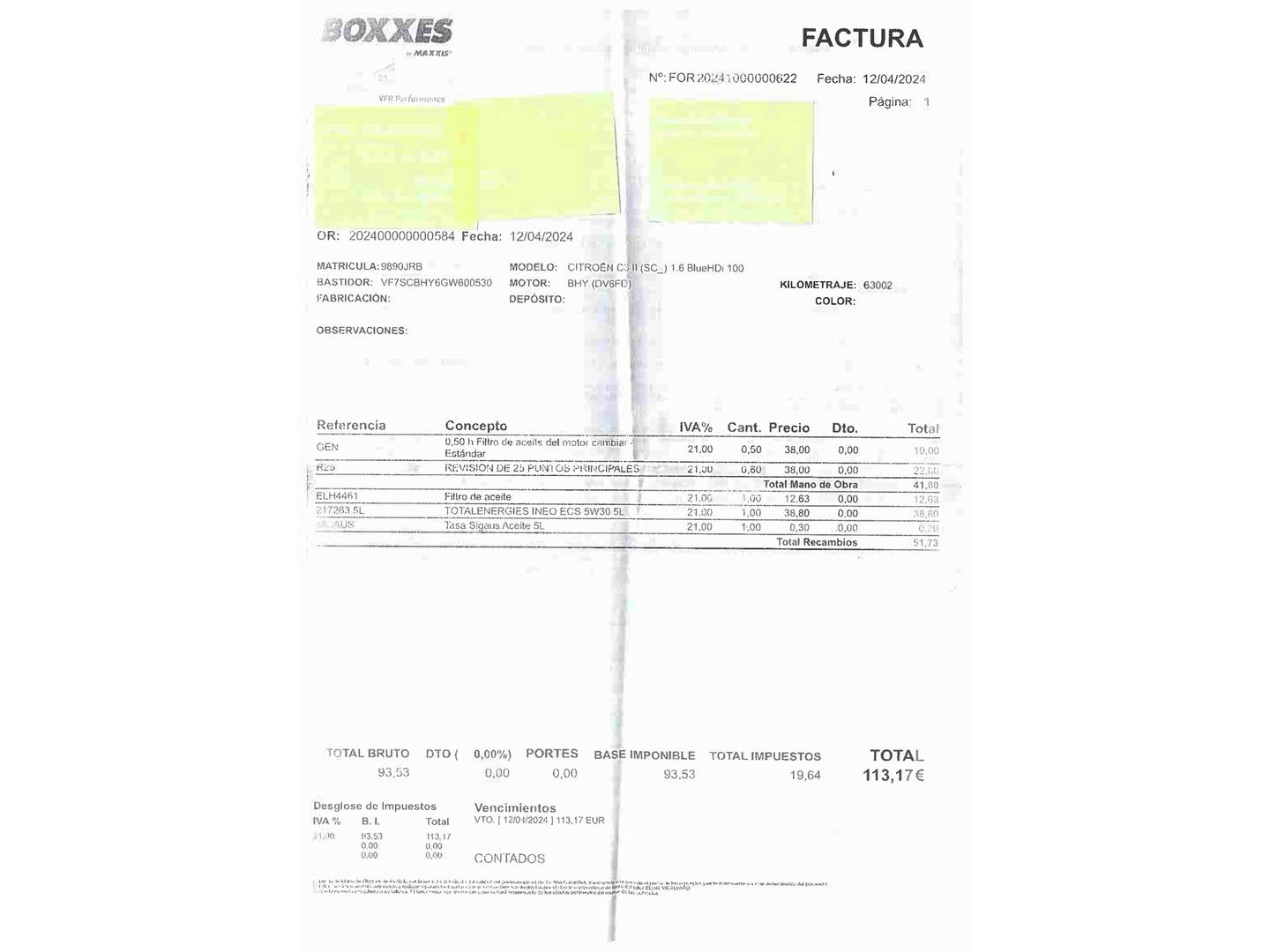 Foto del mantenimiento del Citroën C3 Citroen C3 BlueHDi 100 Exclusive (99 CV)