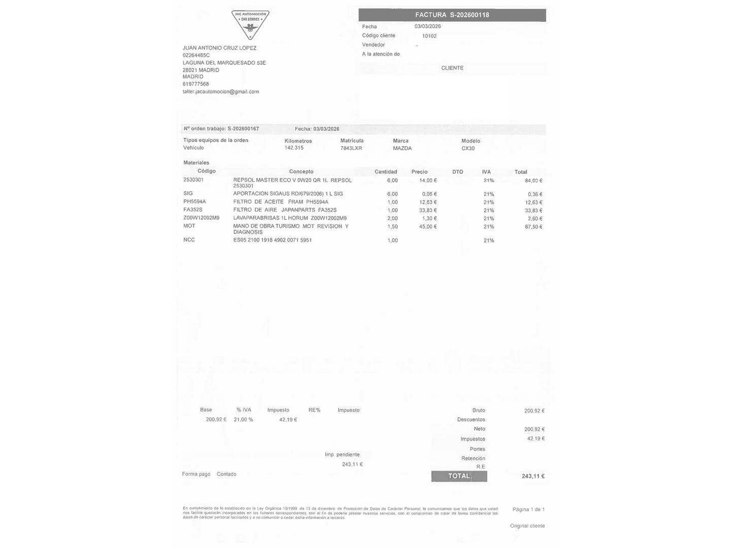 Foto del mantenimiento del Mazda CX-30 Mazda CX-30 2.0 e-Skyactiv-X Zenith (186 CV)