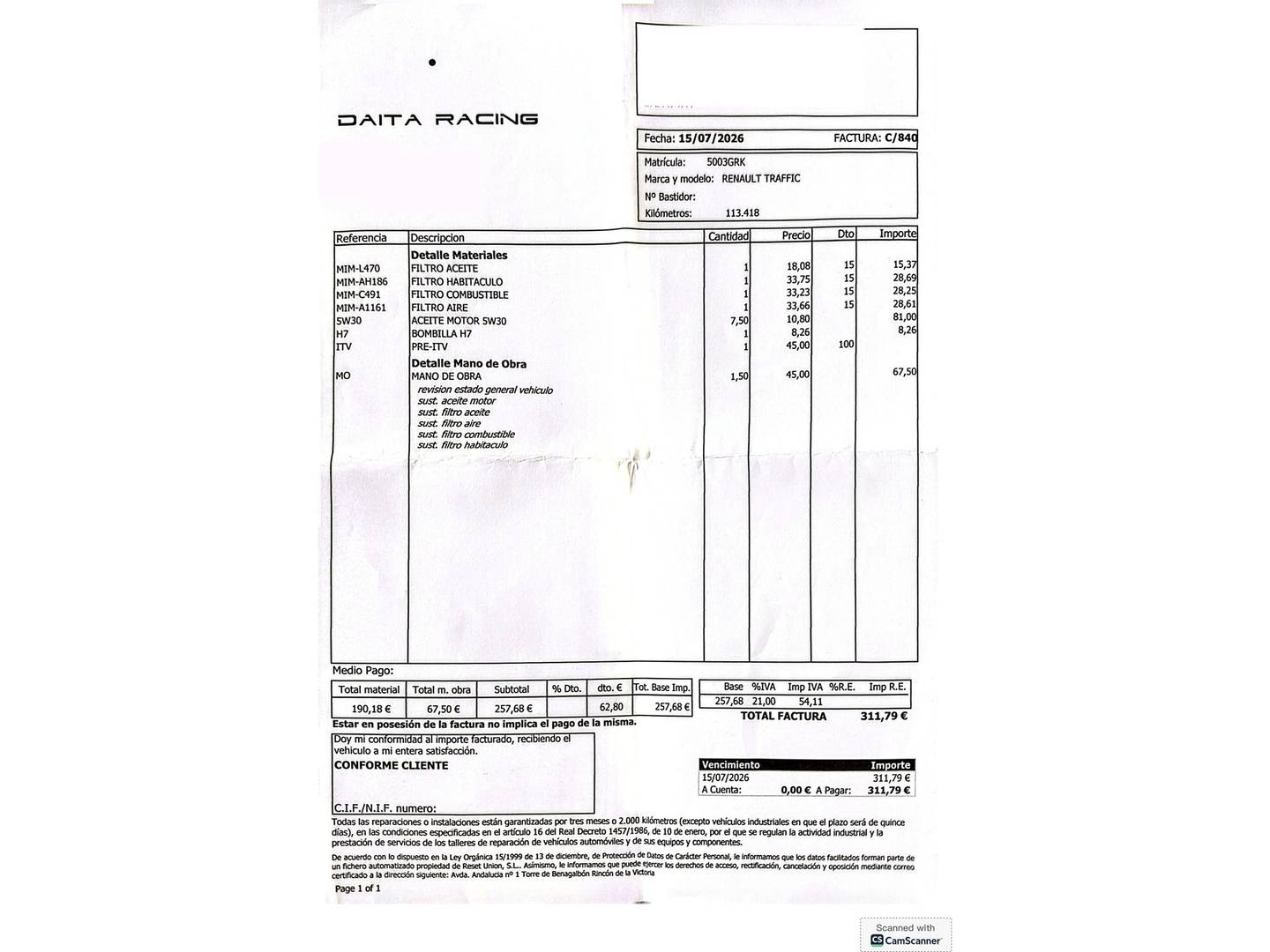 Foto del mantenimiento del Renault Trafic Renault Trafic Furgon 2.0 dCi Furgon 29 Corto Normal (115 CV) Camperizada 3 Plazas
