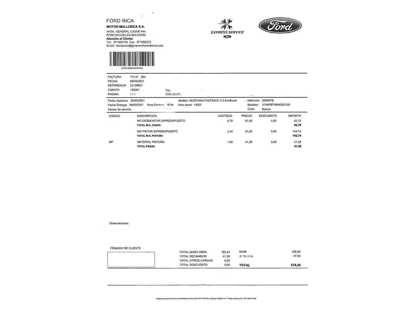 Foto del mantenimiento del Ford Mustang Ford Mustang 2.3 EcoBoost Mustang Auto Fastback (314 CV)