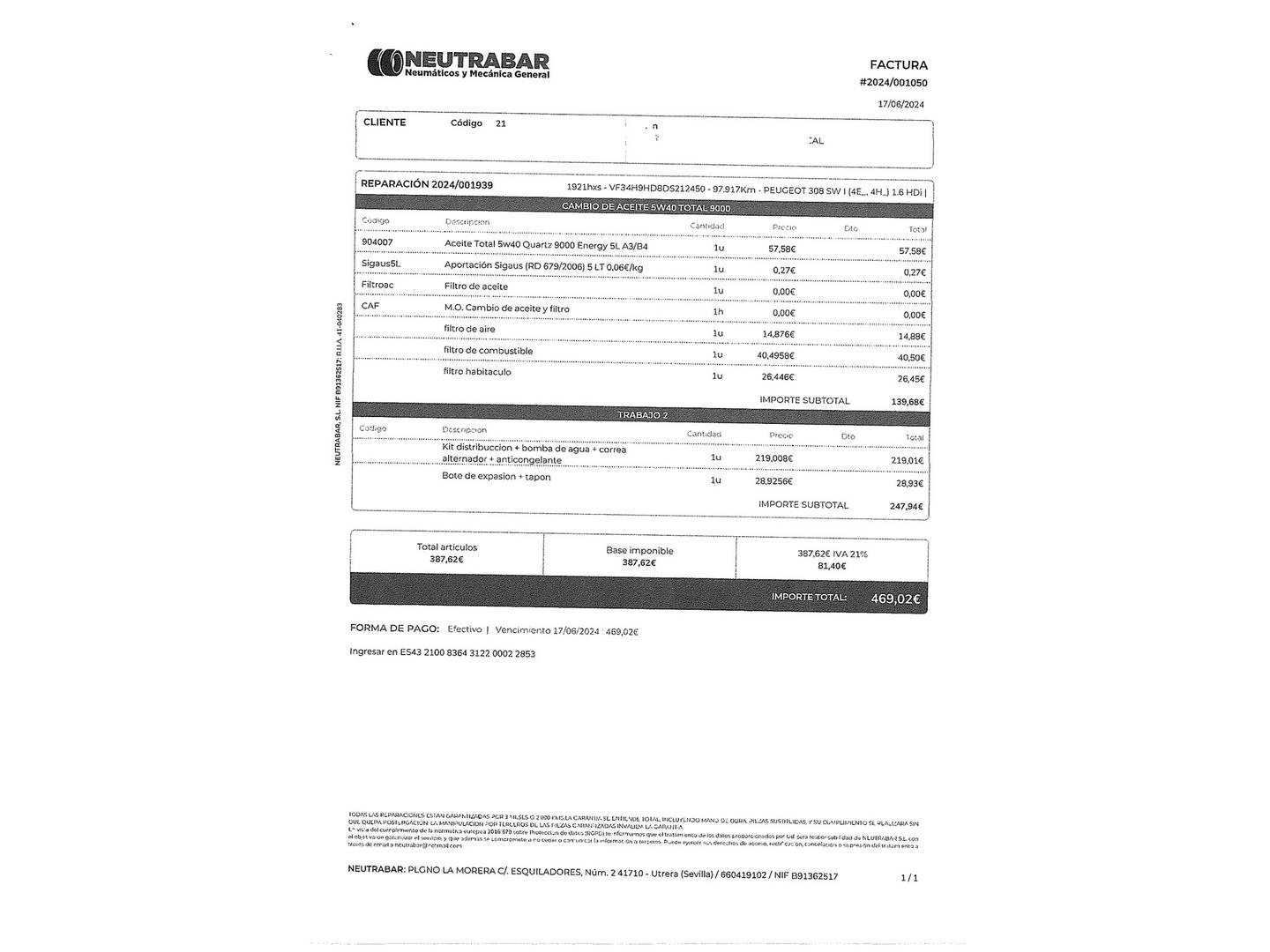 Foto del mantenimiento del Peugeot 308 Peugeot 308 SW 1.6 e-HDI Blue Lion Active FAP (115 CV)