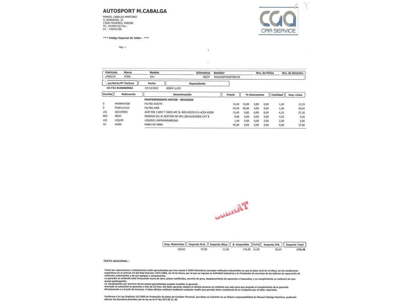 Foto del mantenimiento del Ford Ka+ Ford Ka+ 1.2 Ti-VCT Active (85 CV)