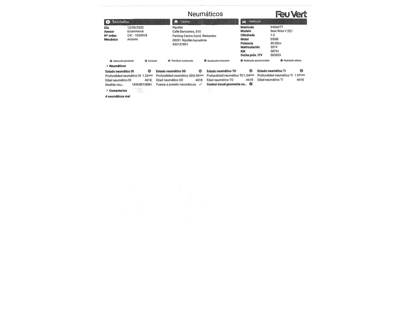Foto del mantenimiento del Seat Ibiza Seat Ibiza 1.0 MPI S&S Reference Plus (80 CV)