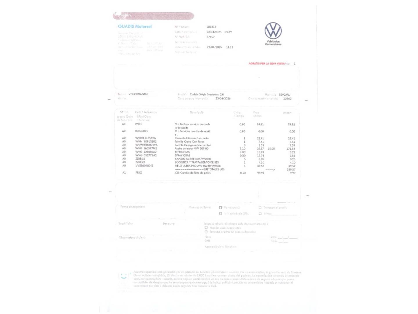 Foto del mantenimiento del Volkswagen Caddy Volkswagen Caddy Origin 2.0 TDI(122 CV) DSG
