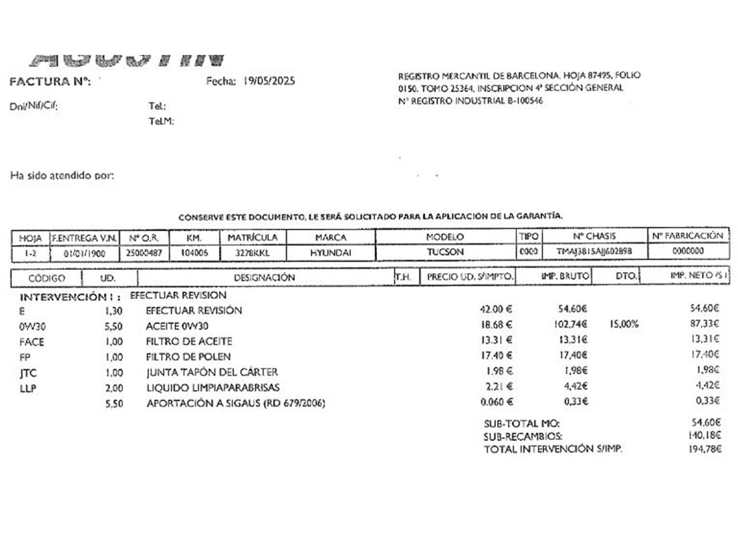 Foto del mantenimiento del Hyundai Tucson Hyundai Tucson 1.7 CRDI BlueDrive Go! 4x2 (115 CV)