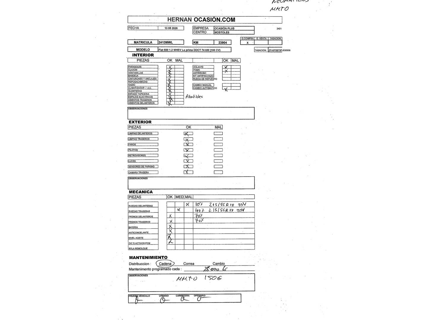 Foto del mantenimiento del Fiat 600 Fiat 600 1.2 MHEV La prima DDCT (100 CV)