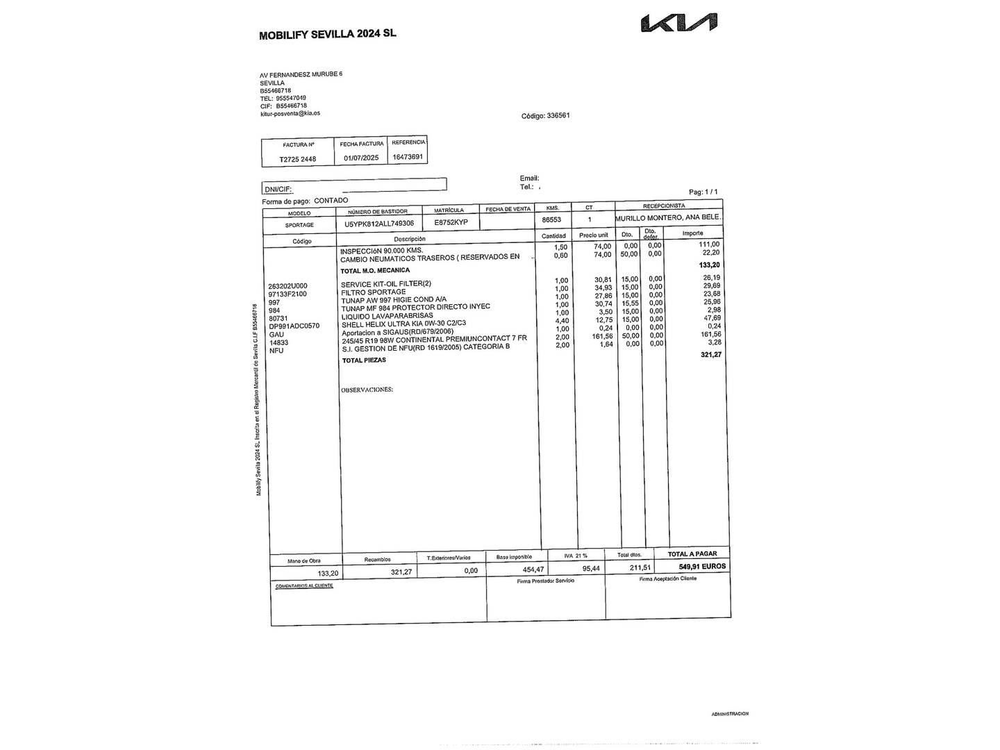 Foto del mantenimiento del KIA Sportage KIA Sportage 1.6 MHEV GT Line Xtreme Plus 4x2 (136 CV)