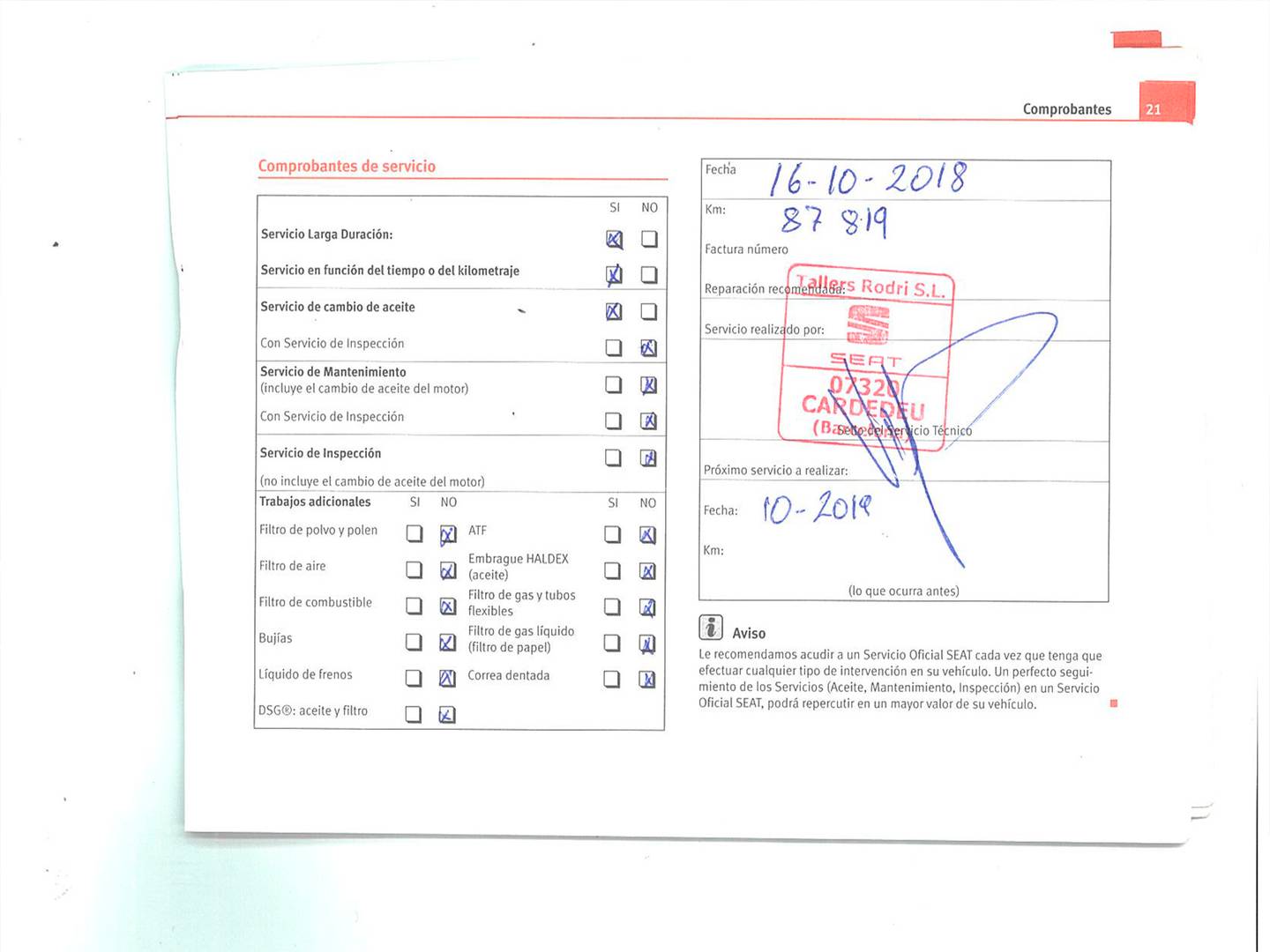 Foto del mantenimiento del Seat Ibiza Seat Ibiza 1.2 12v Reference (70 CV)