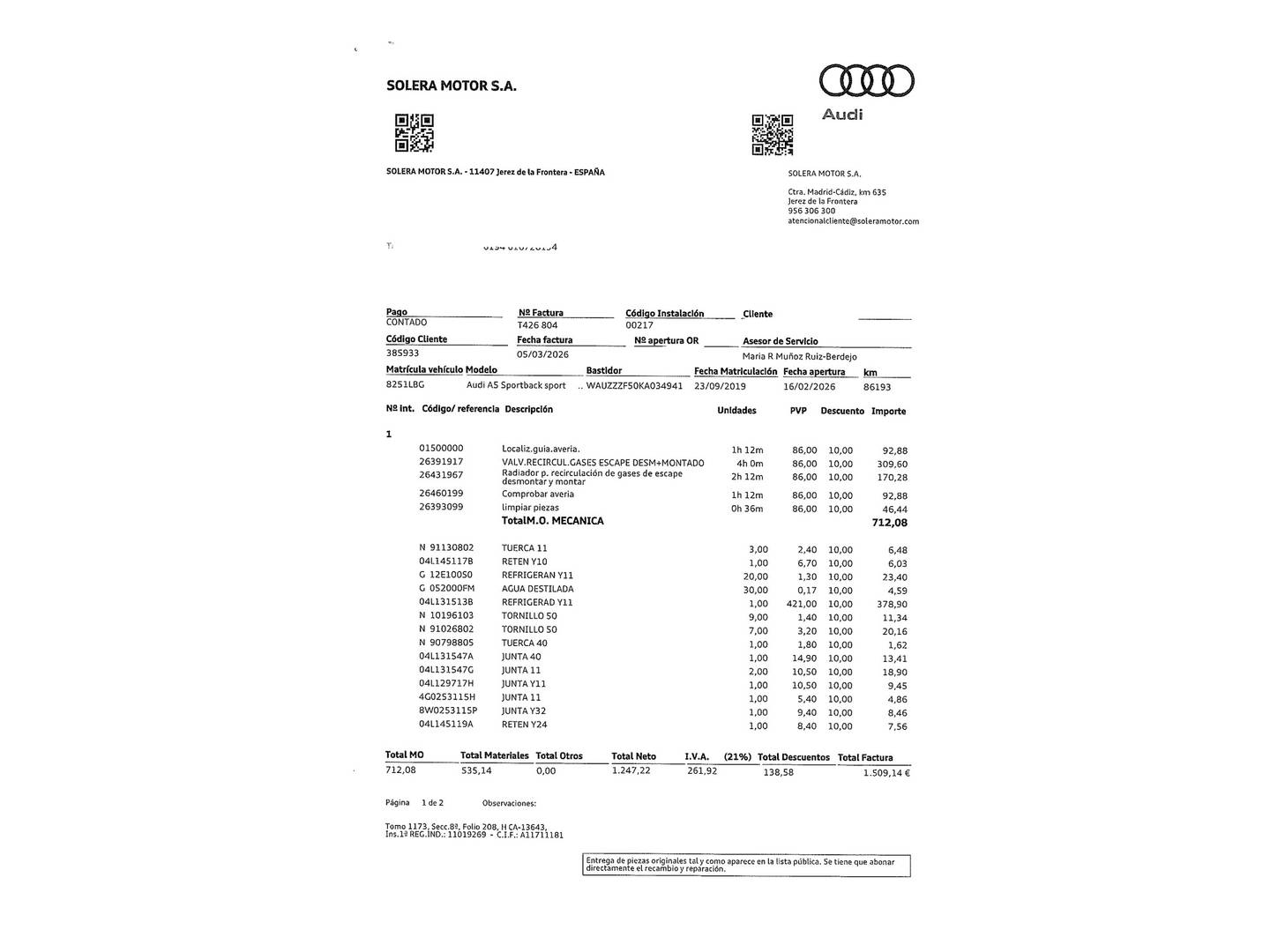 Foto del mantenimiento del Audi A5 Audi A5 Sportback Sport 40 TDI (190 CV) S tronic Pack S-Line