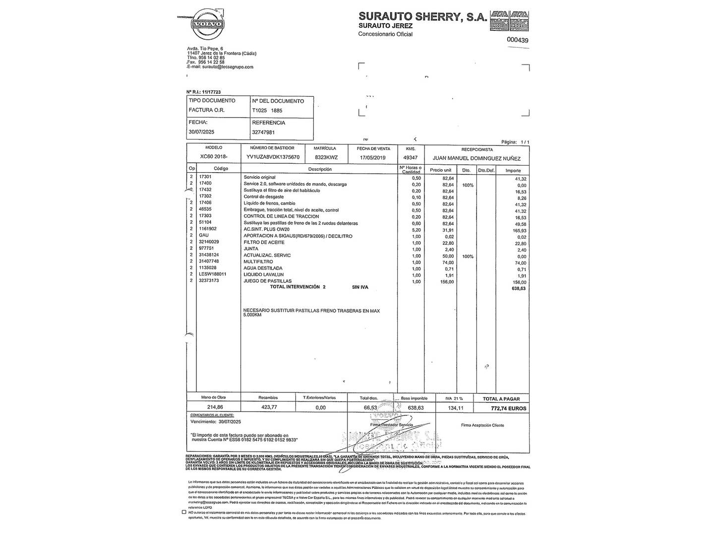 Foto del mantenimiento del Volvo XC60 Volvo XC60 D4 Momentum Auto (190 CV)